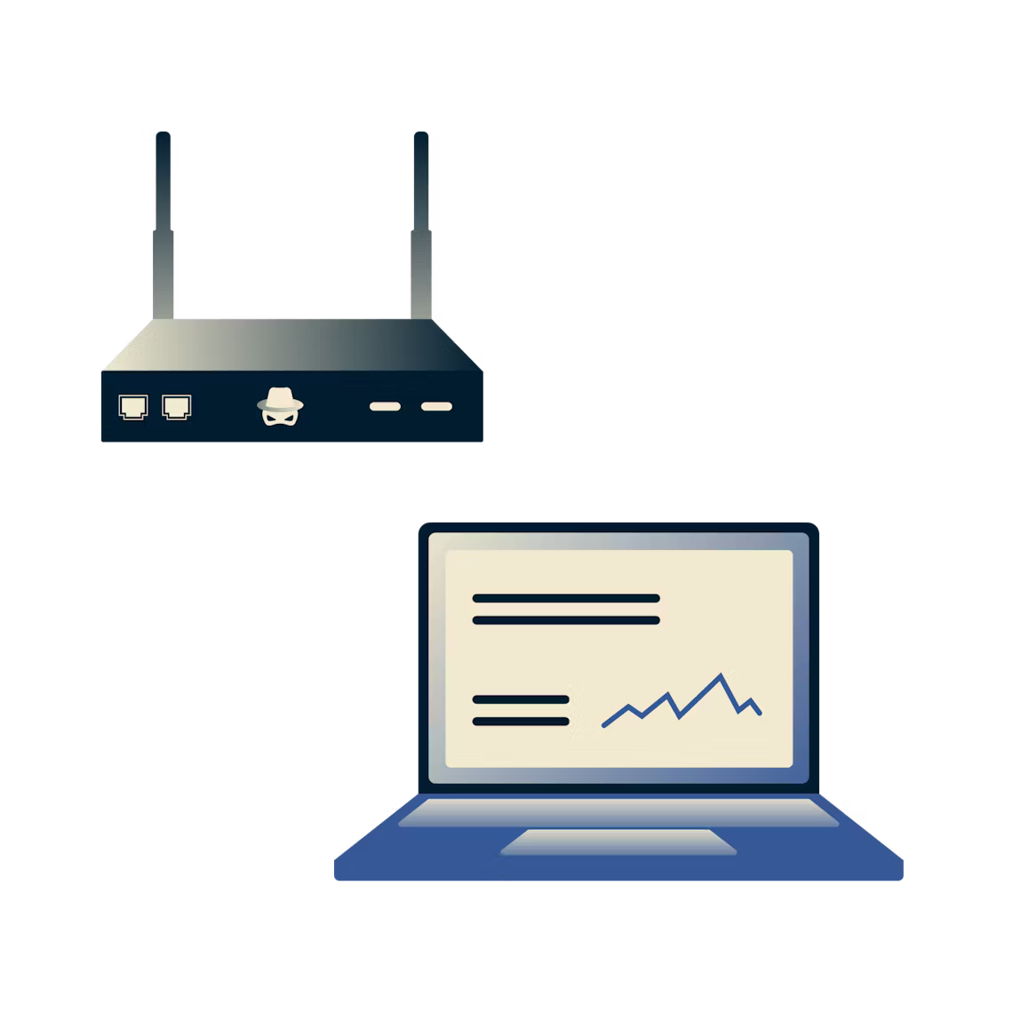 Een rode router met een schedel en botten die via de wifi gegevens steelt van een laptop.